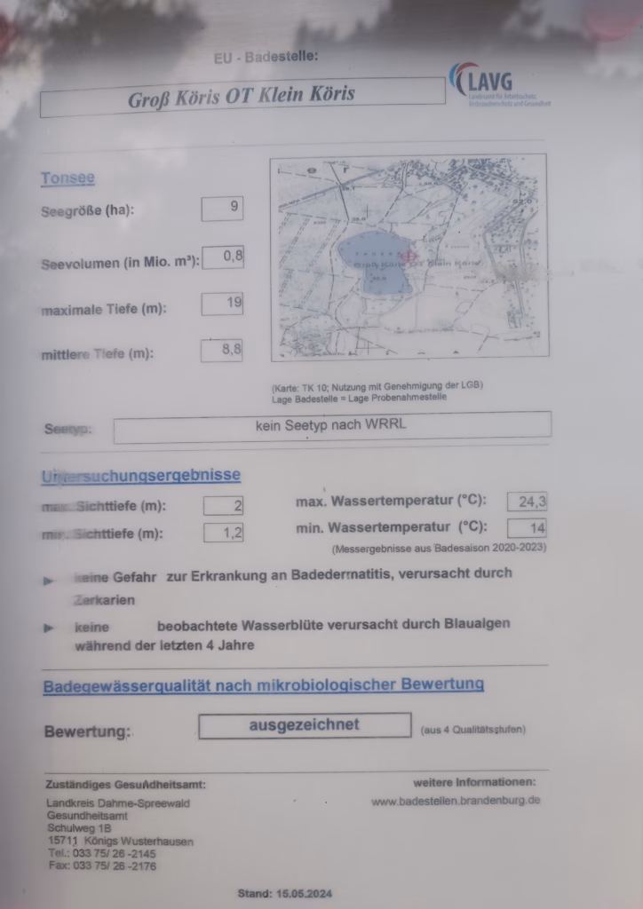 Aushang am Tonsee Untersuchungsergebnisse Wasserqualität 2024